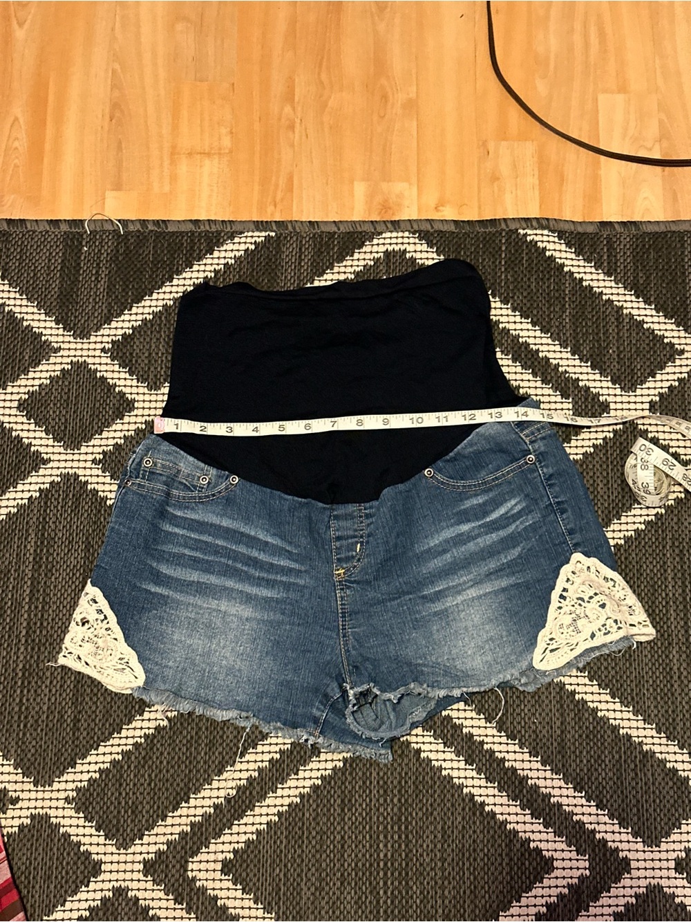 Planet Motherhood Maternity Denim Shorts with Black Panel and White Lace Trim